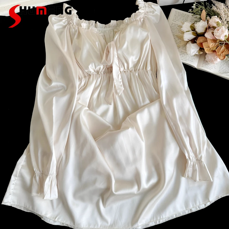 

Girl's Palace Style Autumn Nightdress High End Ice Silk Chest Pad Homewear Women's Autumn Japanese Style Long Sleeve Nightgowns