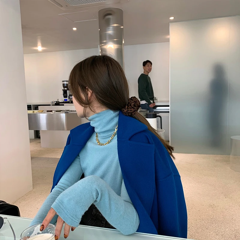 

Blue Collection High Ne Wool Slim Fit Base irt Korean Sle Commute Pure Color Long Sve Regular Length Straight Tube