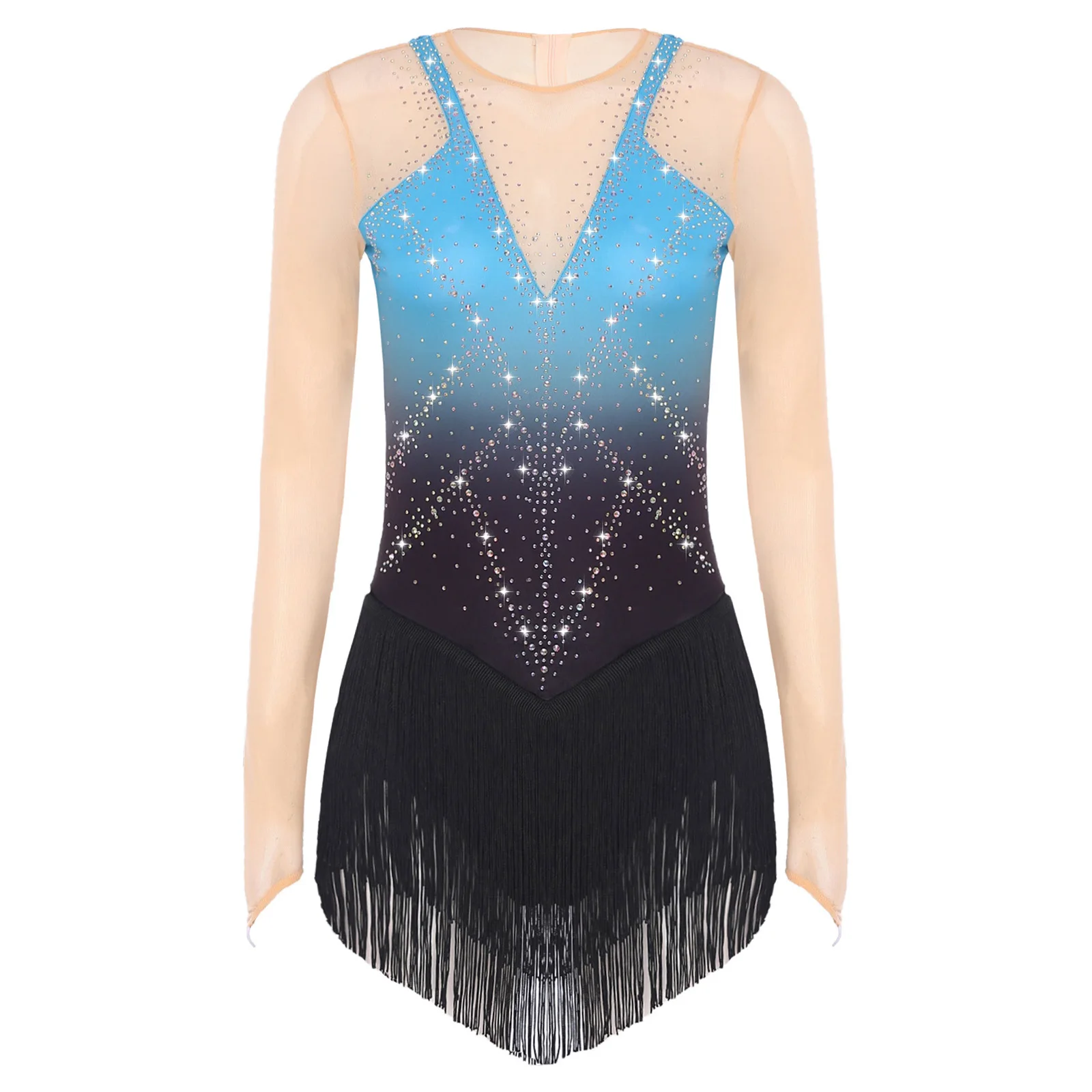 レディース叙情的なダンスレオタードドレスキラキララインストーンメッシュタッセルフリンジワンピースボディスーツフィギュアスケート体操ラテン