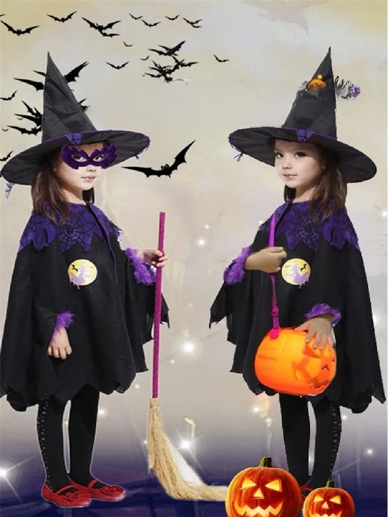 Fsia de Bruxa para Apresentação Infantil de loween, Conjunto de Capa e Roupa de Bruxa para Meninas, Fsia de Pequen...