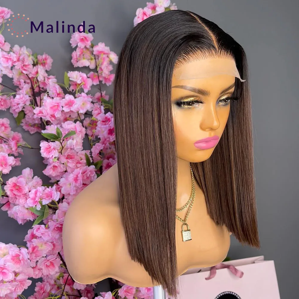 

Dark Brown Bone Straight 13x4 Transparent Lace Front Glueless Wig Pre Plucked Human Hair Ready To Wear Ombre 1B 4 Colored Wig