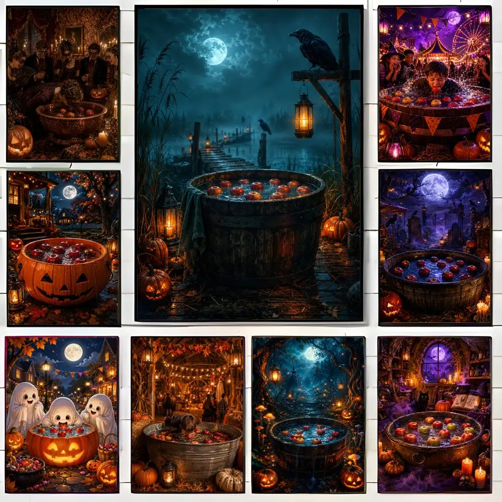 Halloween Bobbing for Apples Poster Wall Art Print Decorative Mural Home Decor Gift Unframed