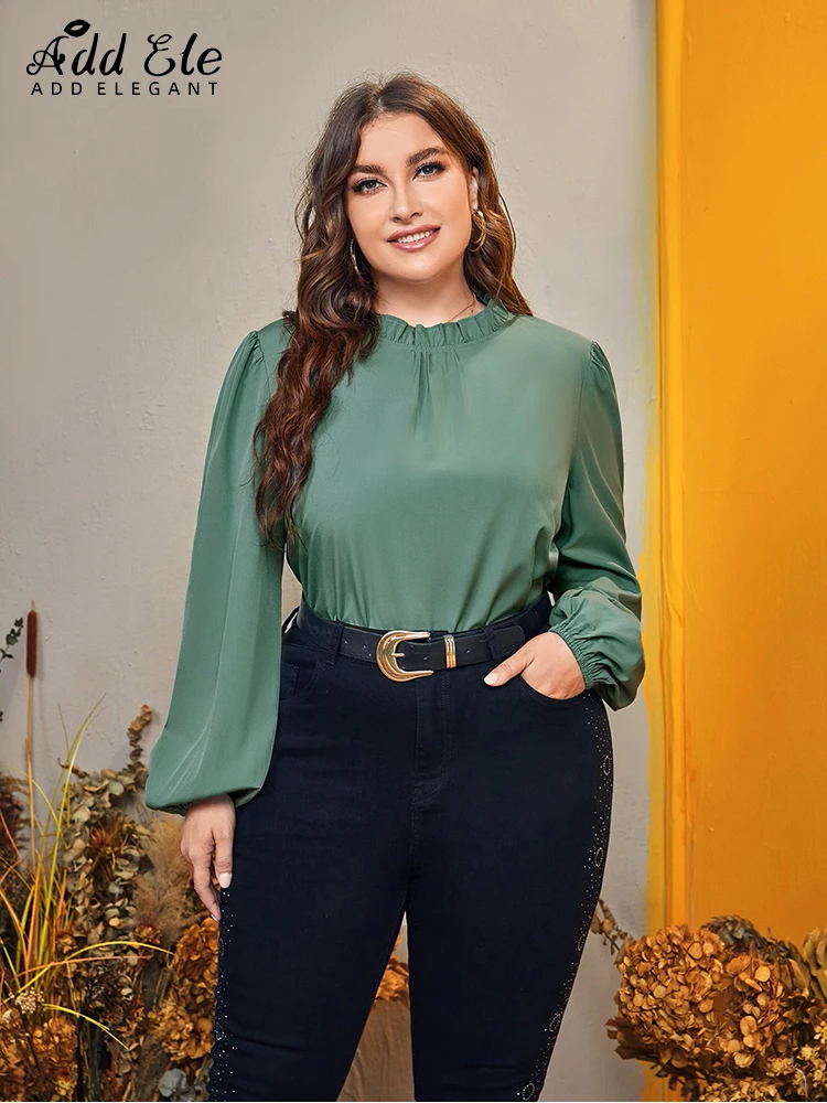 

Add Elegant Plus Size Solid Blouses For Women 2022 Autumn Casual Side of Fungus Stand Collar Button Puff Sleeve Loose Tops B663