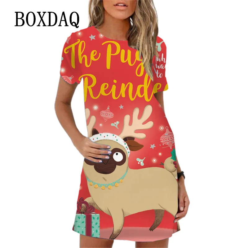 Humorous Cute Cartoon Print Women Dress New Short Sleeve Santa Claus Pattern Christmas Dress Ladies Casual Loose Mini Dress 2023