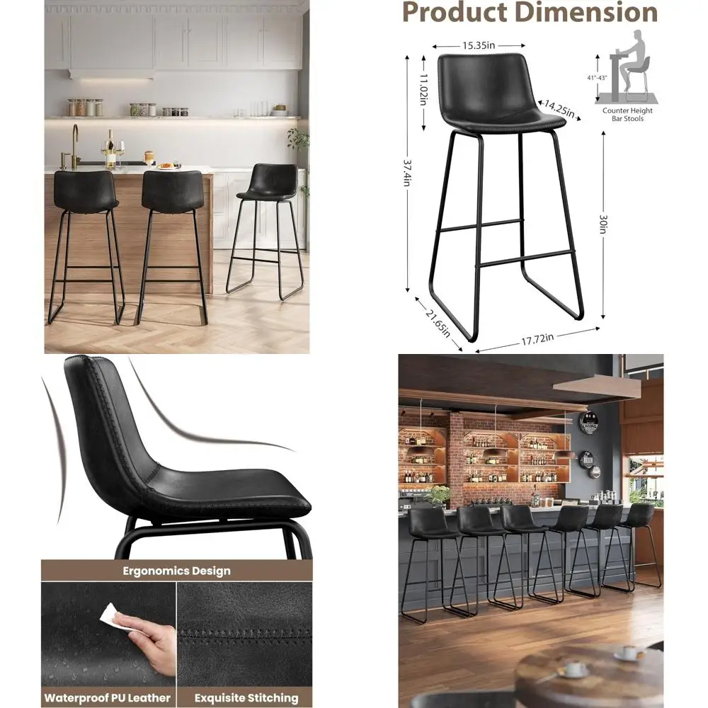 طقم مقاعد بار بارتفاع عداد مكون من 3 قطع، 30 بوصة من الجلد الصناعي الحديث مع مسند ظهر وأرجل معدنية ومسند للقدمين للمطبخ أو الطعام #1