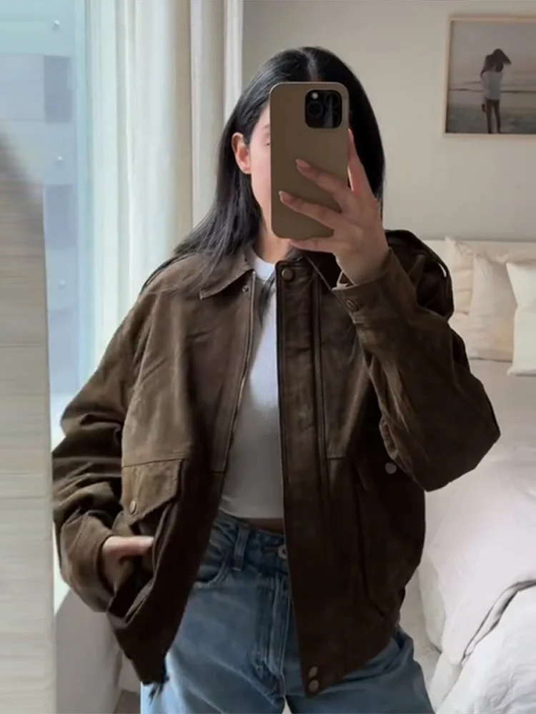 Lässige Damen Bürojacke Langarm Umlegekragen Taschen Reißverschluss Weiblicher Loser Mantel Mode Frühling Streetwear 2026
