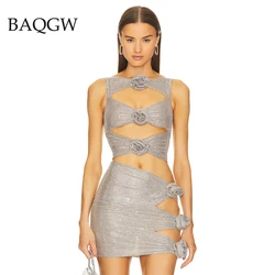 Women's Silver Sexy Diamond Patchwork 3D Flower Crop Top and Mini Skirt Hollow Out Luxury 2 Piece Set Celebrating Club Party Set