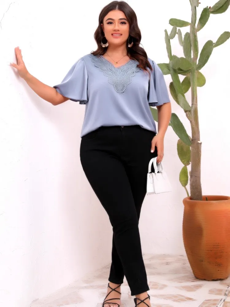 المرأة حجم كبير L-4XL عادية تي شيرتات قصيرة الاكمام حجم كبير 3XL الساتان الدانتيل بلوزة ملابس النساء المتضخم الربيع الصيف