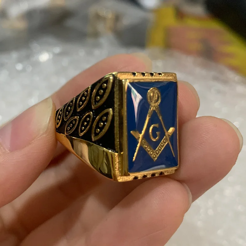 Men\'s Freemason Freemasonry Blue Enamel Gold Color Stainless Steel Masonic Ring for Men Jewelry