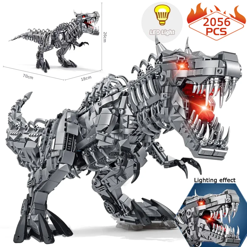 Creative Jurassic Park World Mechanical Tyrannosaurus Rex Building Blocks MOC T-rex Triceratops Model With Lights Bricks Toys