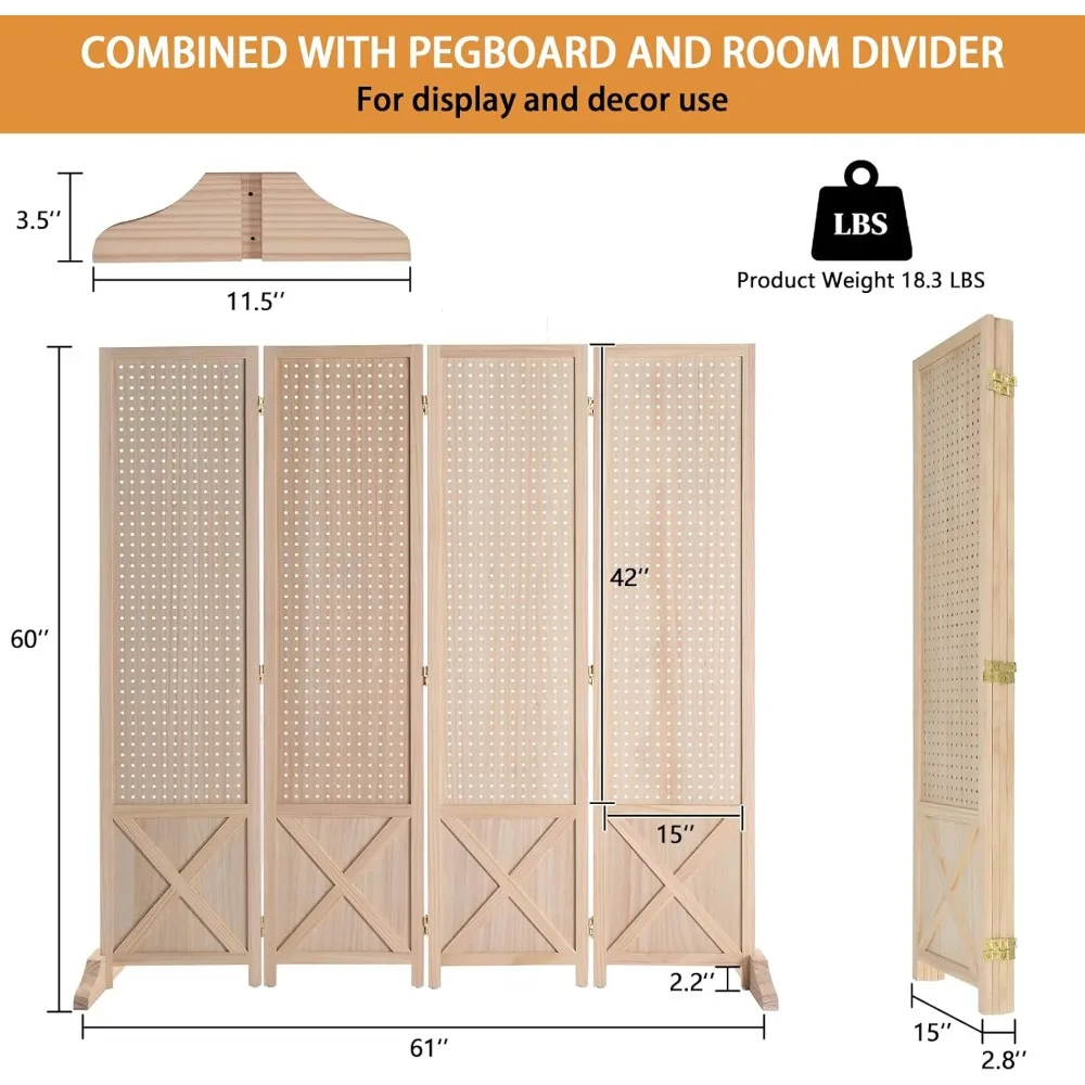 VINGLI Freestanding Pegboard with Support Feet, 5 FT Wood Room Divider Display Board Organizer, Folding Privacy Screen Partition