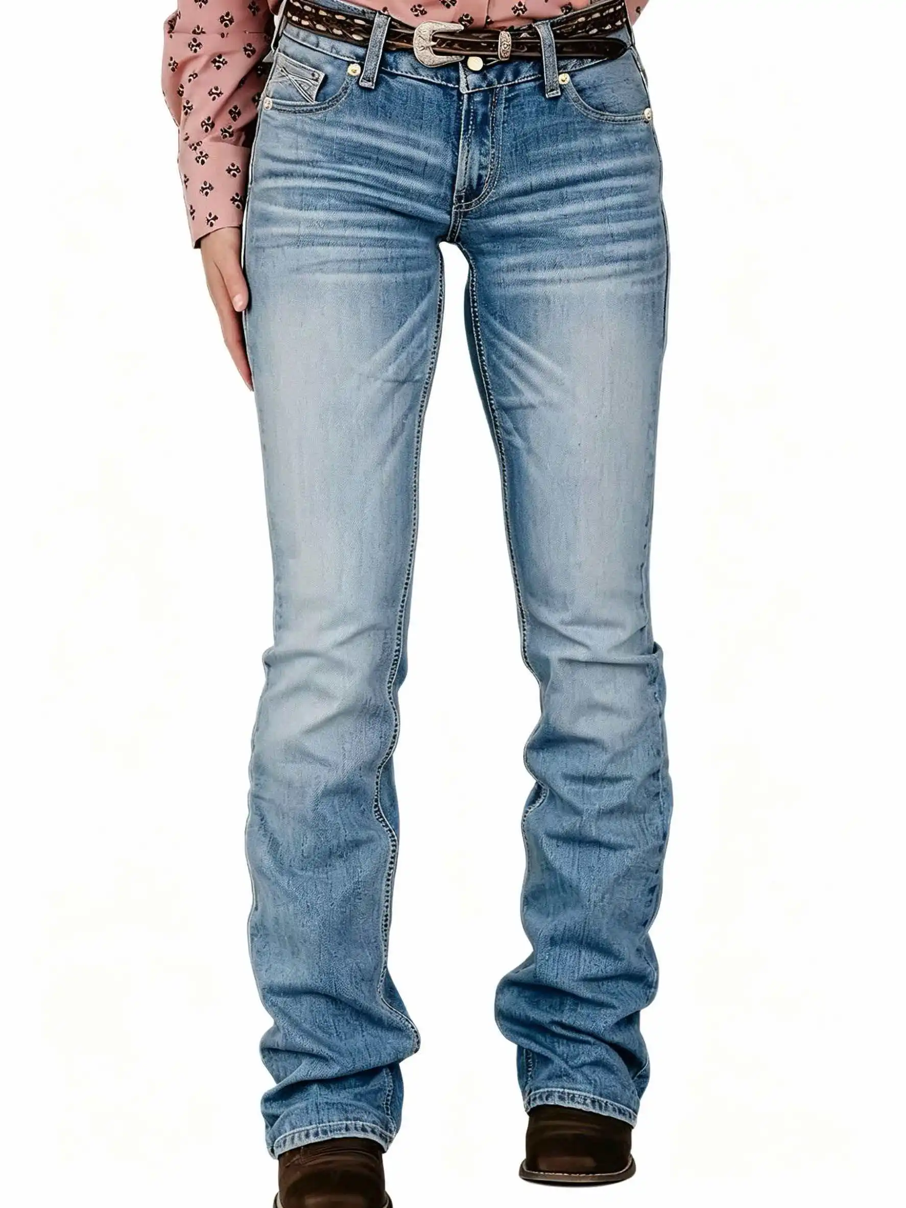 Hellblaue Hochelastische Bootcut-Jeans mit Bestickten Gesäßtaschen Schmale Micro-Flared Denim-Hose