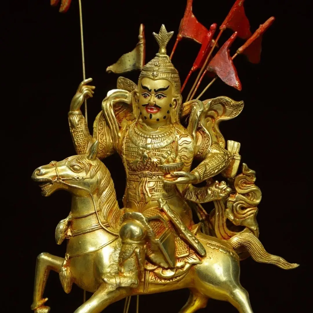 Antique Gilded King Gesar Statue Tibetan Buddhism Dharma Protector Riding Horse Figurine Religious Collectible Altar Decor