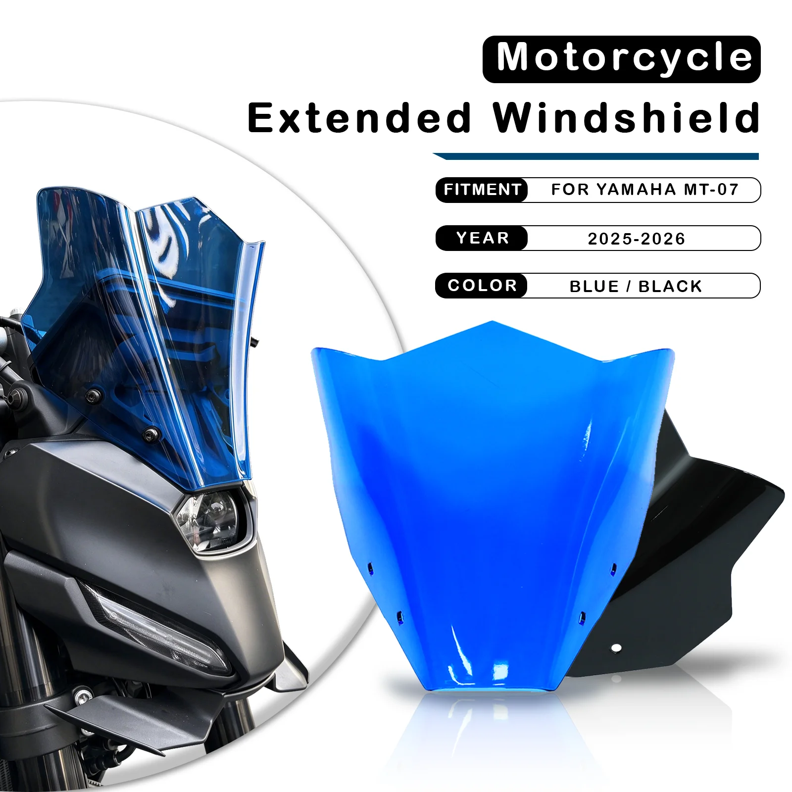 Motorcycle Extended Windscreen Windshield High Clear Visor Deflector PMMA Fairing For Yamaha MT-07 2025-2026 Modified Accessorie