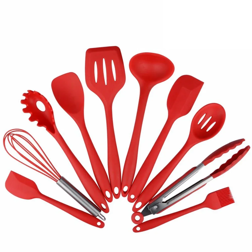 10-Piece Silicone Cooking Set -Spoons, Turners, Spatula & 1 Ladle Etc -Heat Resistant Kitchen Utensils -Easy to Clean