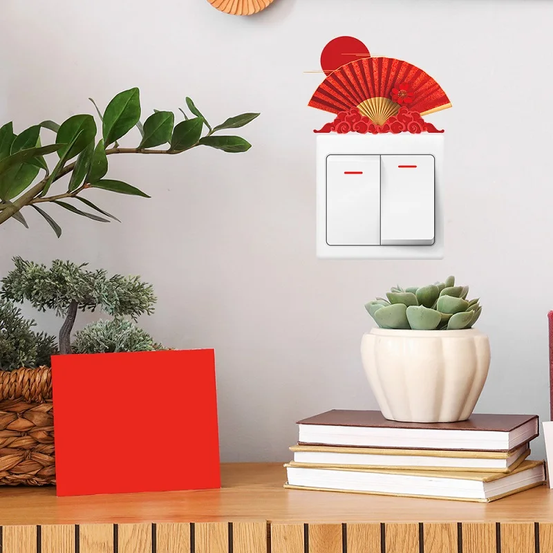 Spring Festival Red Fan with Auspicious Sunset Clouds Wall Sticker for Home Decor Chinese New Year Red Fan Switch Sticker