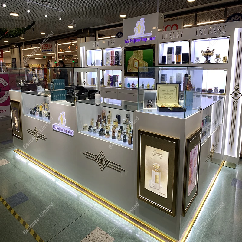 Custom, luxury perfume shop fitting retail aroma display showcase with LED lights Wood perfume selling kiosk for shopping malls