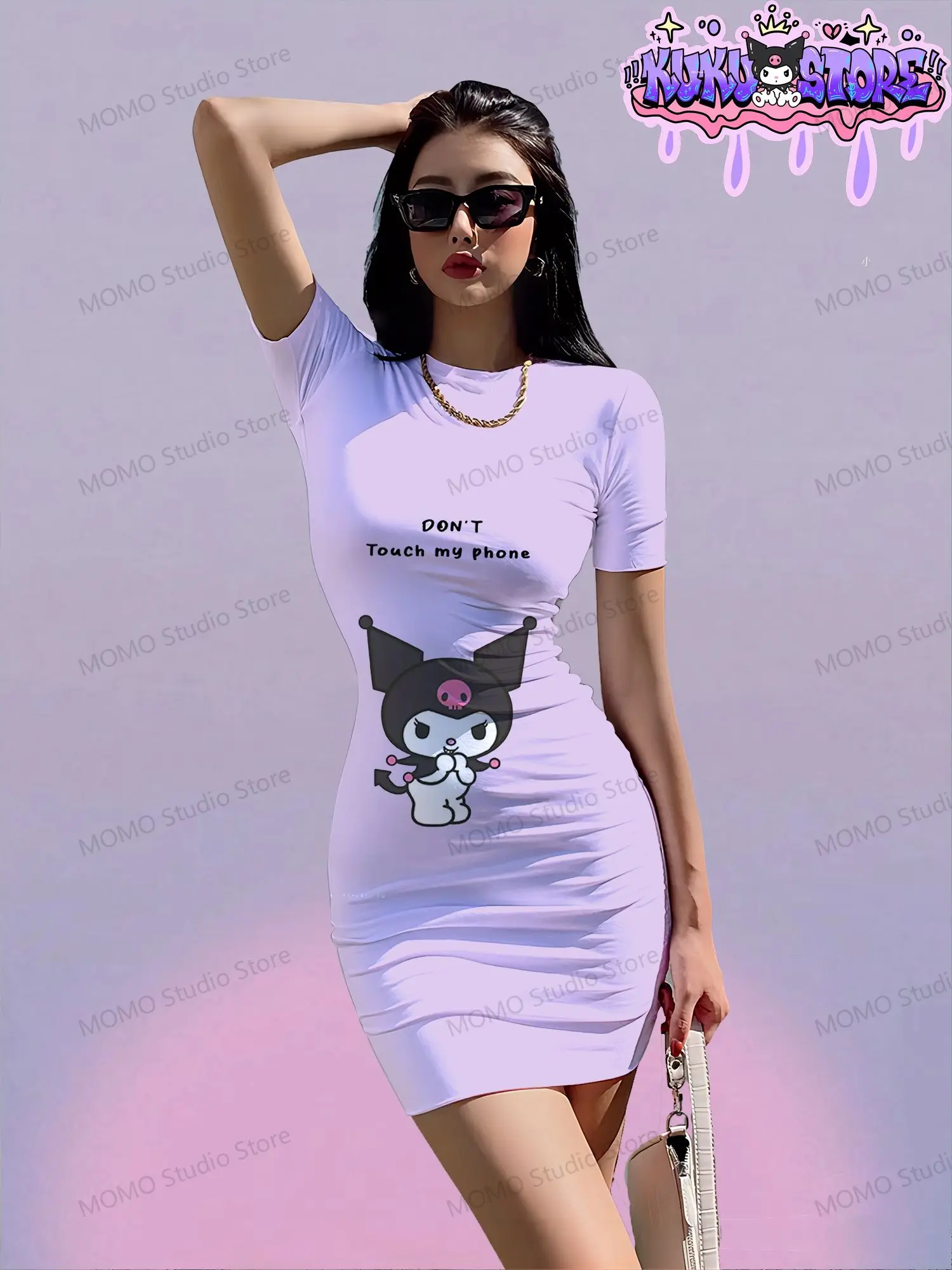 Robe d'été à manches courtes pour femmes, Kuromi Kawaii, Sanrio, robes pour jeunes filles, col rond, Y2k, mode, nouvelle collection élégante et Sexy, S-3XL, 2024