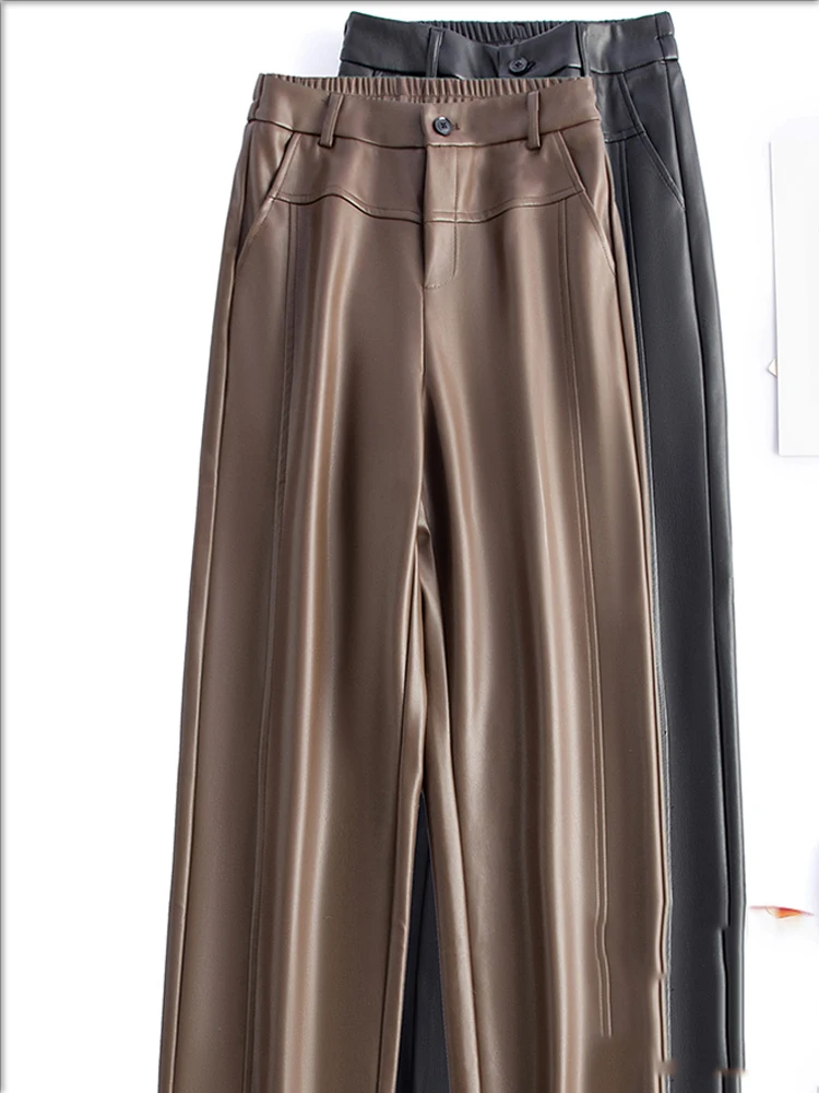 

Осень-зима 2021, новый стиль, кожаные брюки, эластичные облегающие брюки с высокой талией, прямые брюки для женщин