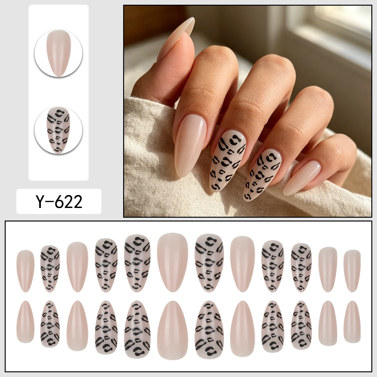 24Pcs Nude Base Black Leopard Print Press On Nails, Minimalist Removable False Nails, Cool Versatile Daily Nail Tips