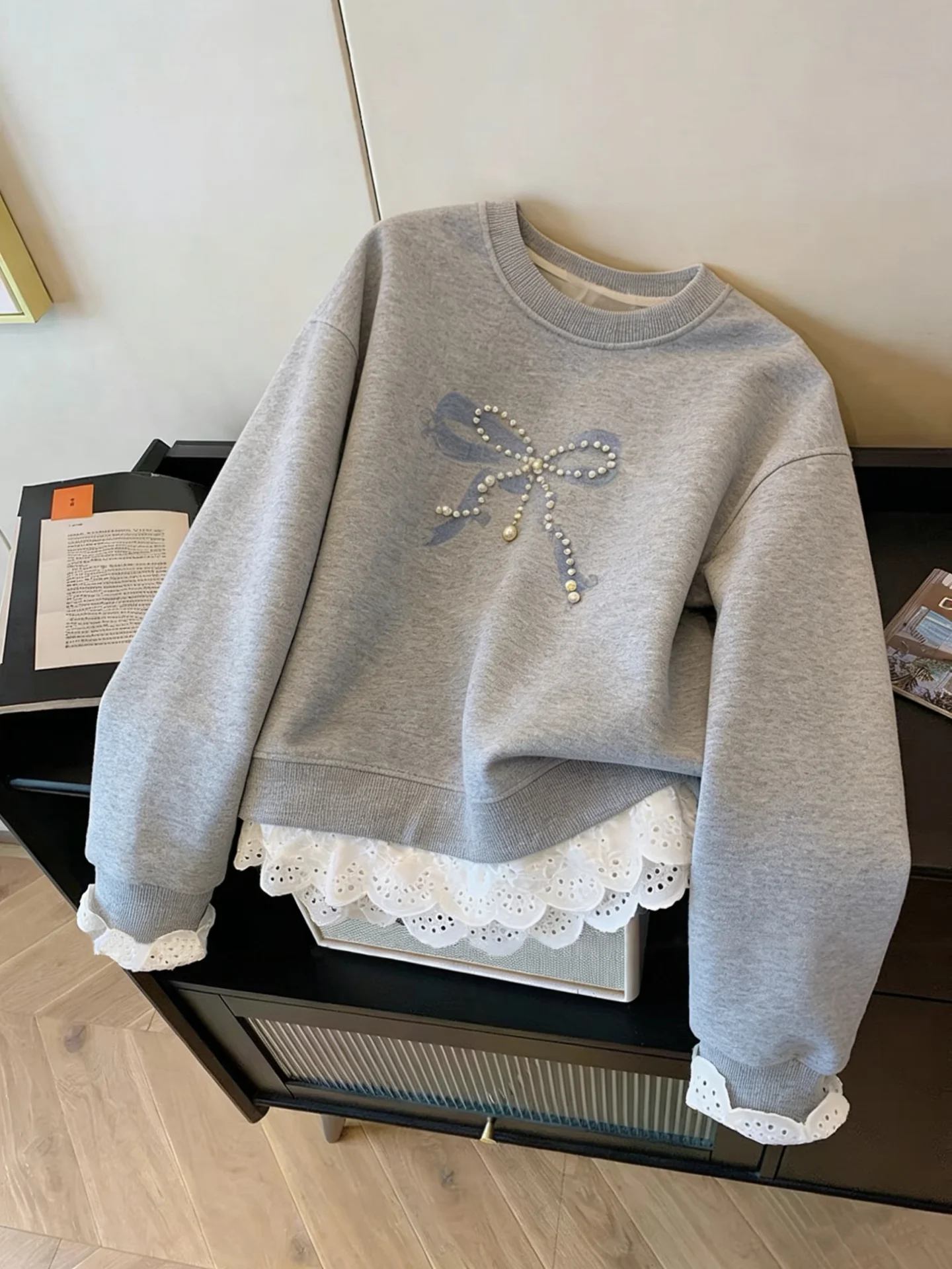 

Grey Heavy Duty Embellished Knot round Neck Hoodie Unisex Spring Autumn Korean Style Lazy Long Sleeve Top