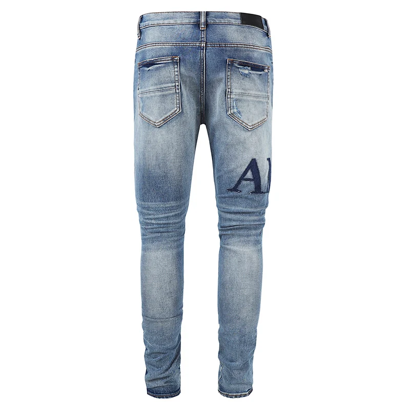 High Street Fashion New Retro Blue Men's Jeans Stretch, Slim Fit, Piercing Leather Jeans Designer Hip Hop Brand Pants Hombre