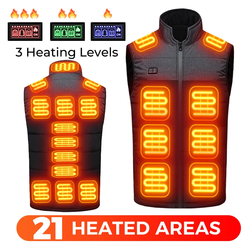 Heated Vest 21 Heating Zones Large Area Warmth Waterproof Washable 3 Modes Winter Fishing Hunting Camping Coat For Men Women