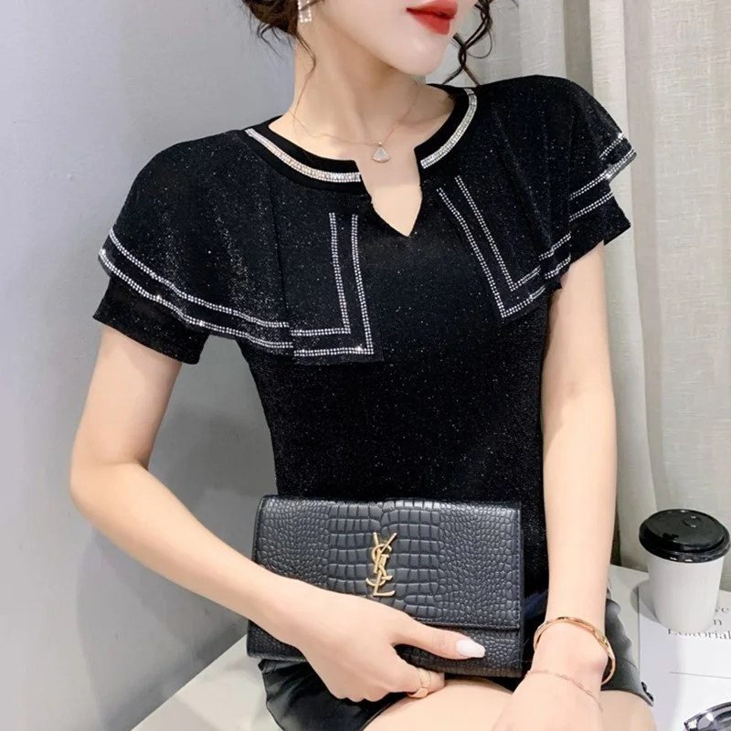 

#5295 Black Red Mesh T Shirt Women Bright Silk Short Sleeve T Shirt Femme V-neck Spliced Ruffles Skinny Womens Tshirt Summer