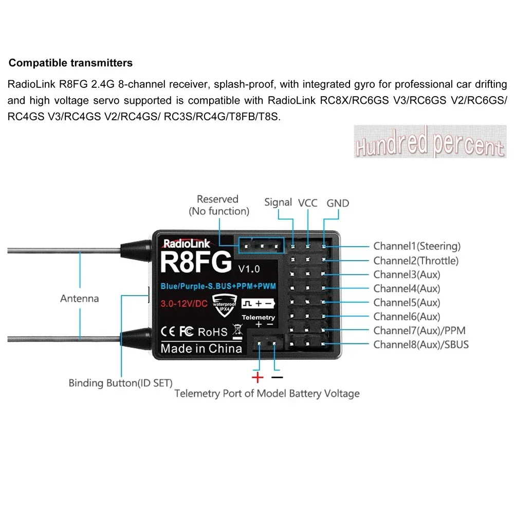 RadioLink R8FG 2.4GHz 8CH Dual Antenna Reciever High Voltage Integrated Gyro Version For Radiolinks RC6GS RC8X RC Transmitter