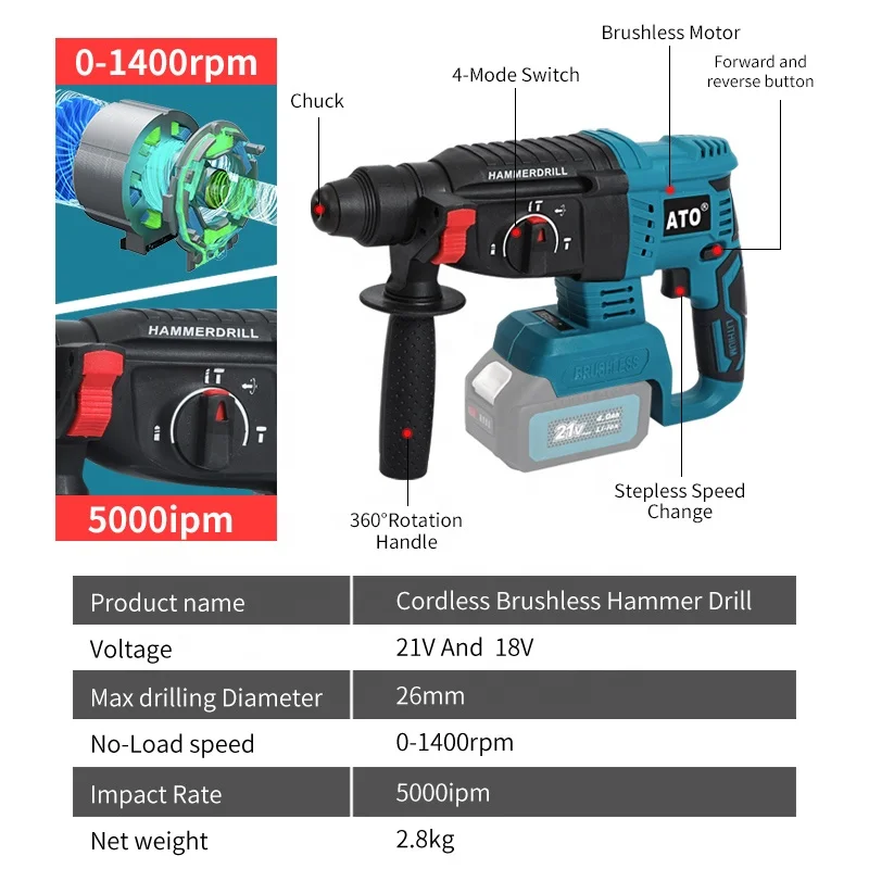 ATO Power Tools Multi Function Machine Lithium Battery Cordless Drill Hammer High Quality Brushless Electric Rotary Hammer