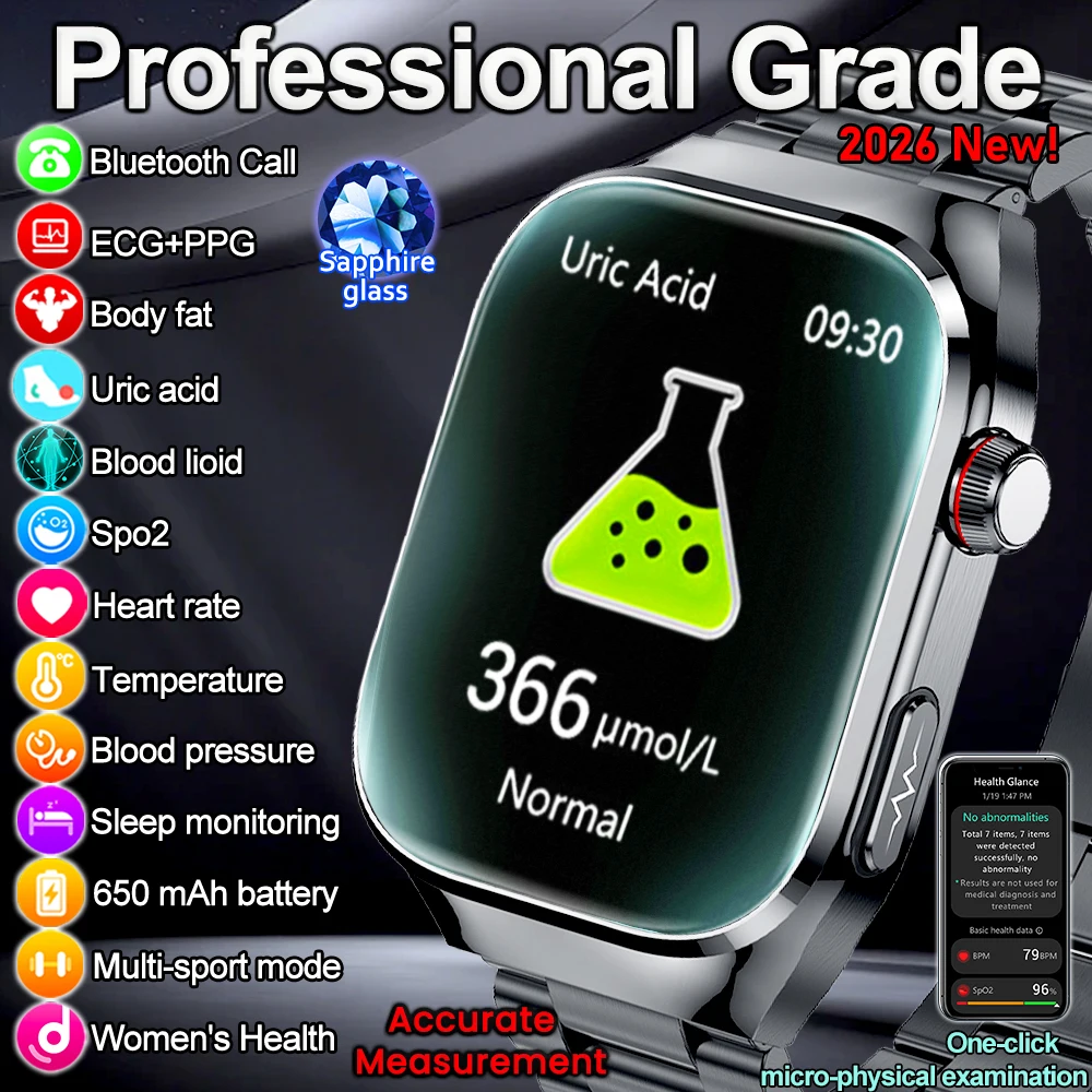 

2026 Новые Смарт-часы ЭКГ + PPG, лазерное исцеление, липиды в крови, мочевая кислота, браслет артериального давления, мужские спортивные HD-вызовы, здоровье, умные часы