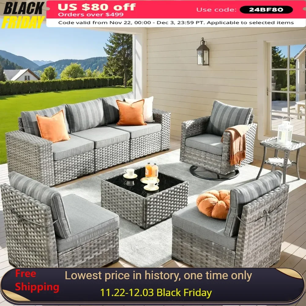 

8 Pieces Patio Furniture Set, Sofa with Swivel Rocking Chairs, Wide Arms and Deep Seat, Wicker Rattan Outdoor Sectional Sofa