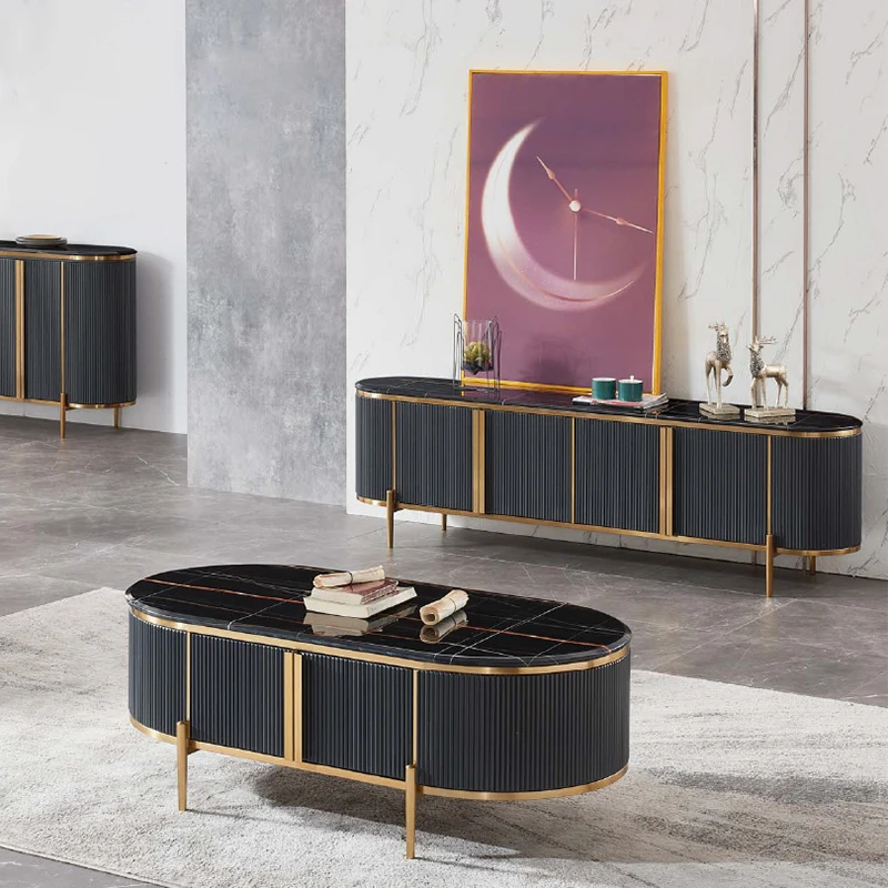 

Modern Design Black TV Stand and Coffee Table Set Household Furniture Lockers Living Room Luxury Marble Center Coffee Table