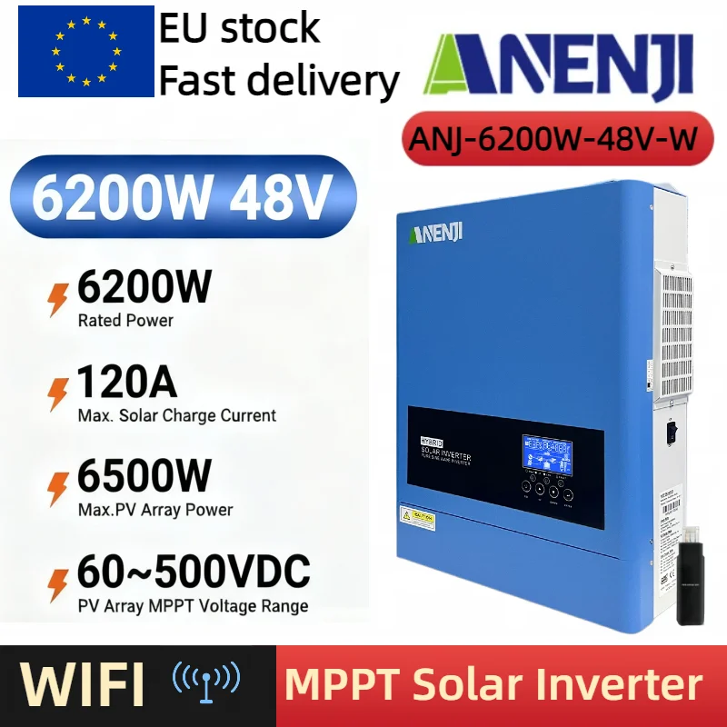 ANENJI NOUVEAU Onduleur Solaire Hybride 6.2kW 48V Sinus Pur 220-230V Hors Réseau Chargeur solaire 120A PV 500VDC WIFI