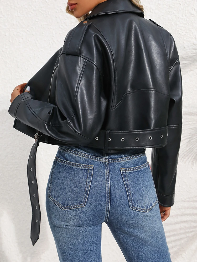 Ailegogo New Spring Autumn Women Short Black Pu Faux Leather Jacket Streetwear Female Moto Biker Zipper Belt Coat Outwear