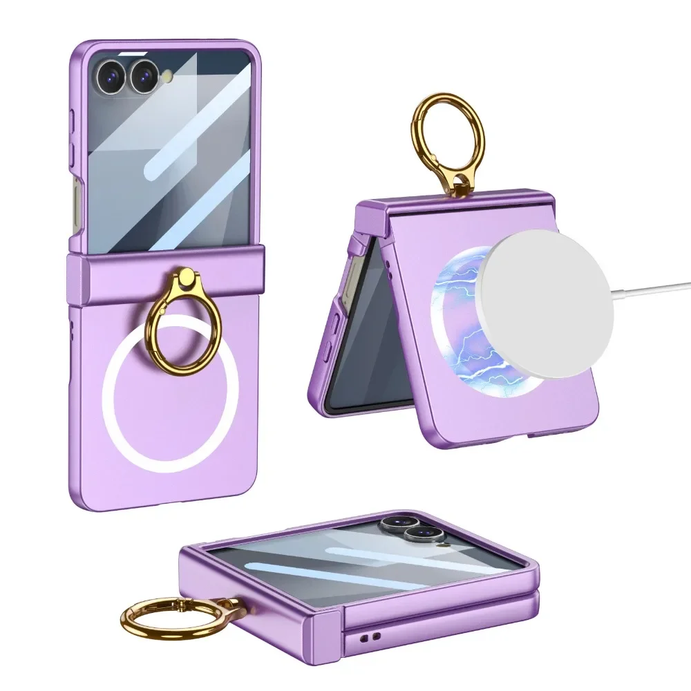 

Для Samsung Galaxy Z Flip 7 5G для MagSafe Магнитный чехол для телефона с передней защитой экрана и кольцевой подставкой и защитой шарнира