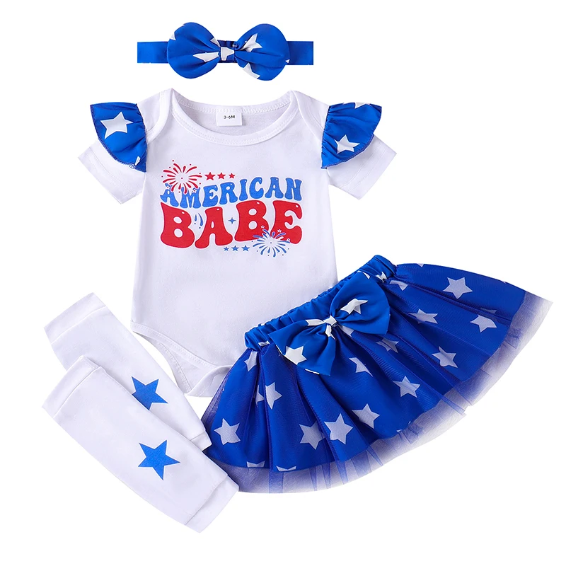 

Baby Girl 4th of July Outfit Letter Print Short Sleeve Romper Mesh Skirt Bow Headband Leg Sleeves Toddler Summer Set