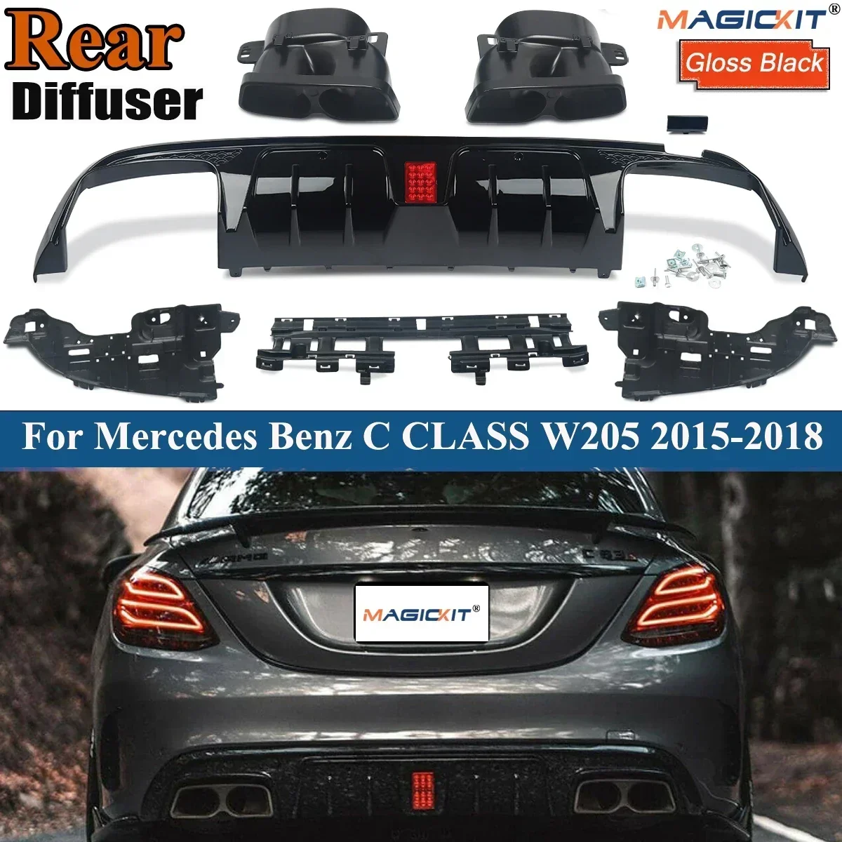 Rear Bumper Diffuser with Exhaust Tips For Mercedes-Benz C-Class  W205 C200 C300 C400 C43 C63 AMG