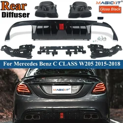 Rear Bumper Diffuser with Exhaust Tips For Mercedes-Benz C-Class W205 C200 C300 C400 C43 C63 AMG Rear Lip  with LED Light