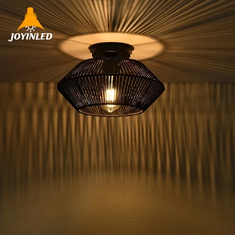 

1pc Farmhouse Semi Embedded Ceiling Light Rattan Lamp Ceiling Light Bohemian Lamp with Hand Woven Cage Lampshade Bedroom Hallway