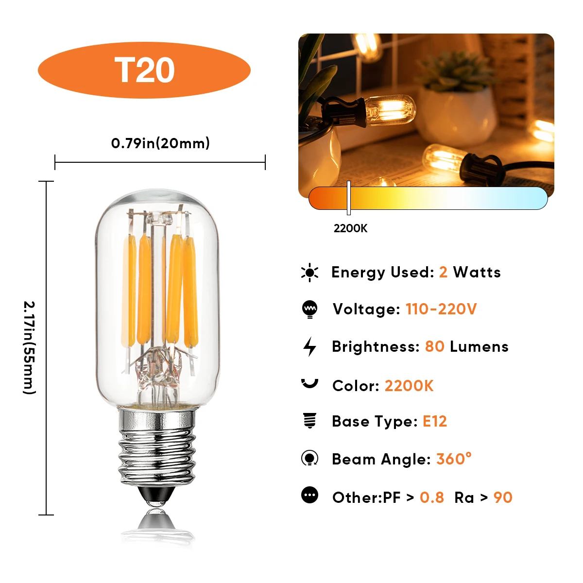 Imagem -02 - Impermeável Led String Light Ip45 65ft Lâmpada de Substituição T20 2w E12 Base Plug ue Plug Eua Jardim ao ar Livre Guirlanda Luzes