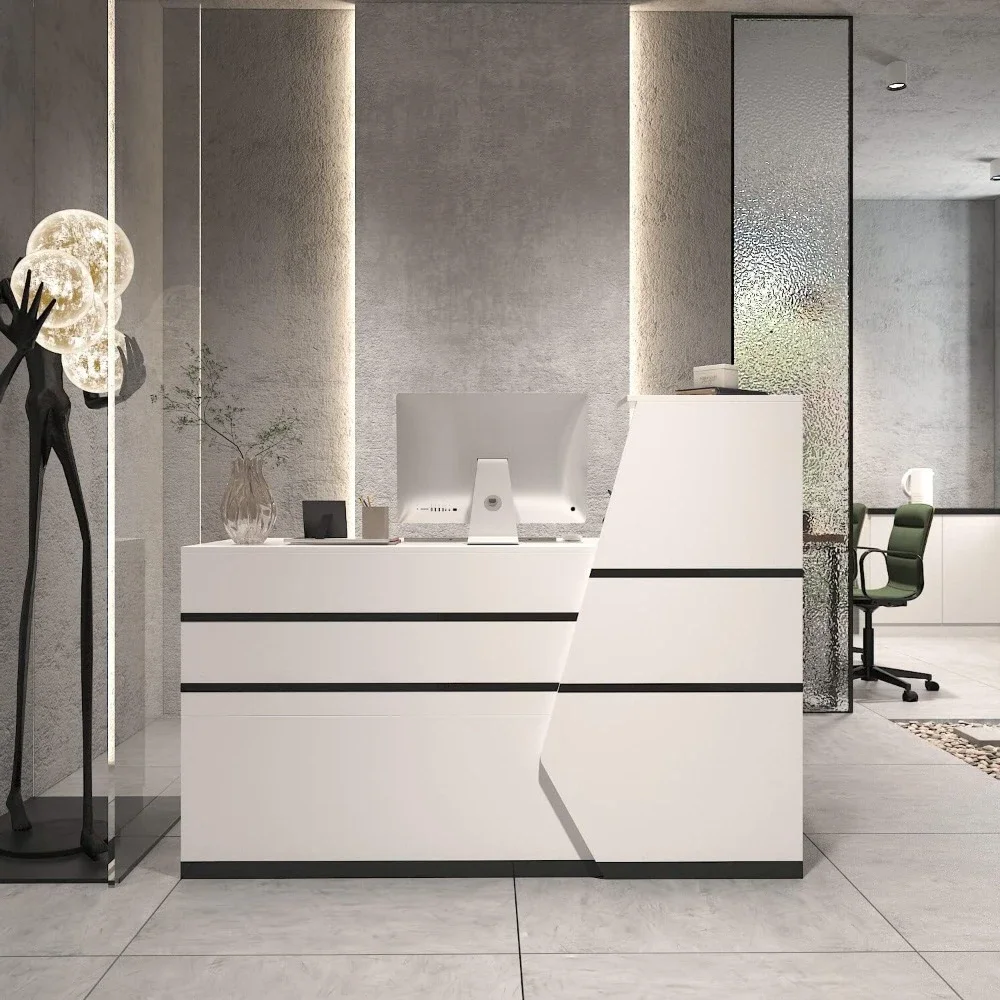 Lshape Wood Reception Desk Computer Keyboard Tray White French Mid-Century Modern L-Shape MDF Matte Cabinet Shelves