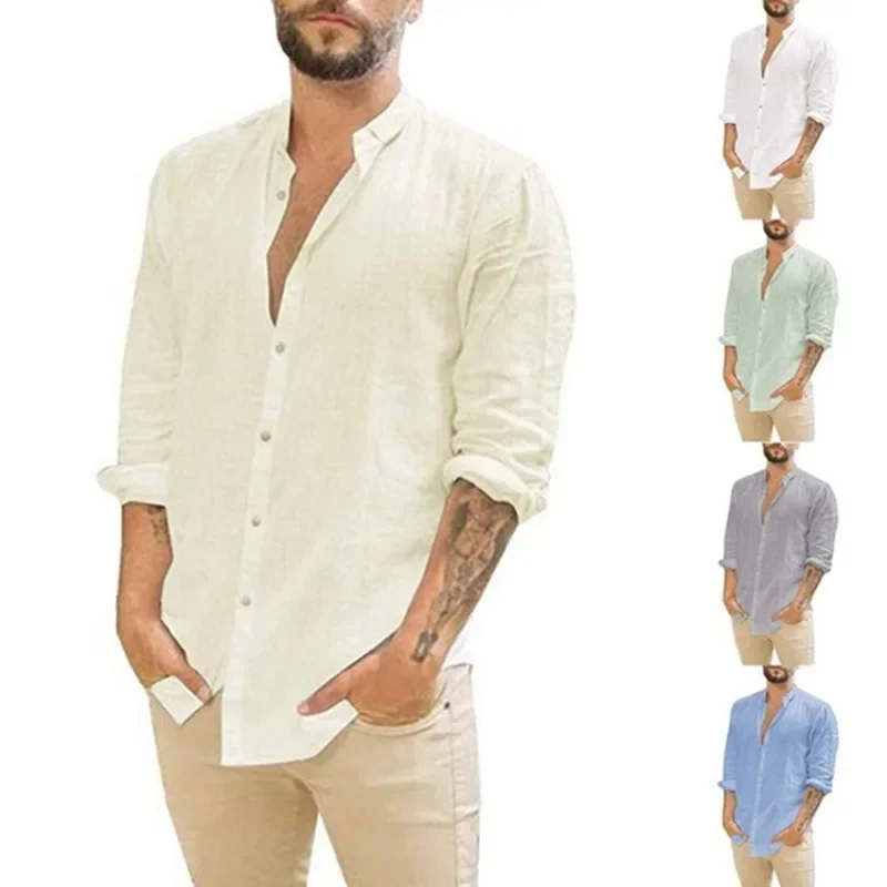 Mens Shirts New Linen Cardigan Solid Color Casual Standing Collar Long Sleeved Shirt for Men