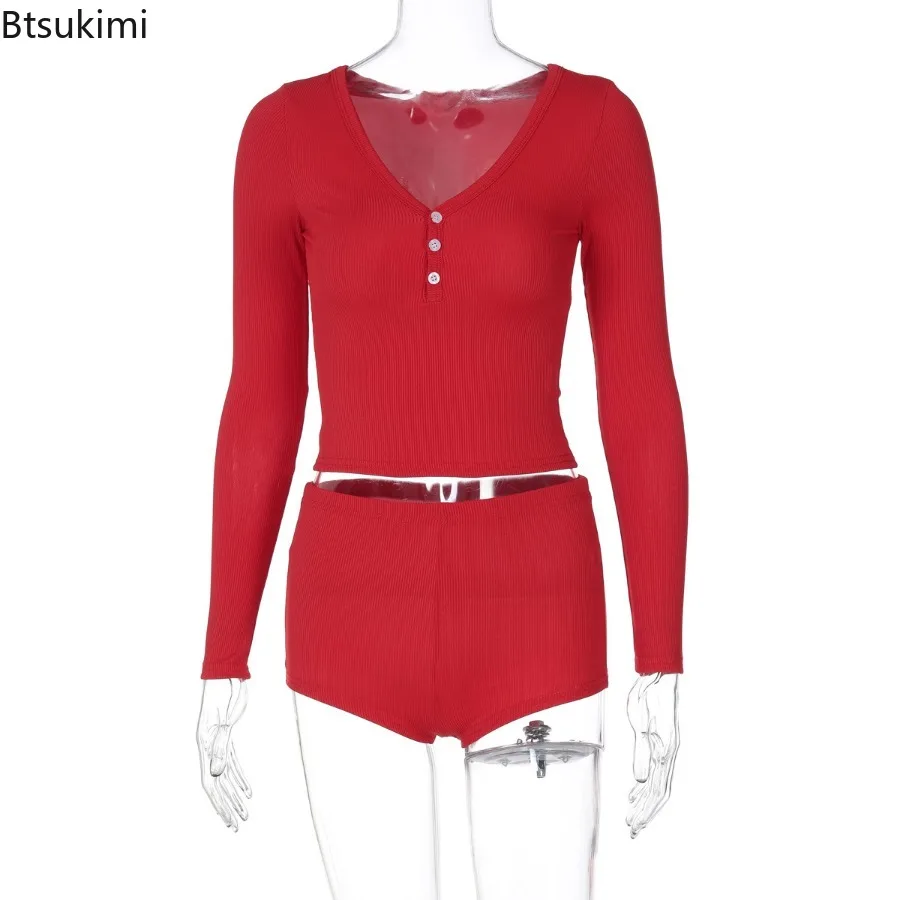 Sexy Low Cut V-Neck Three Buttons Crop Top Shorts Leisure Suit Women Long Sleeve T-shirt Short Pants Solid Slim Sports Outfits