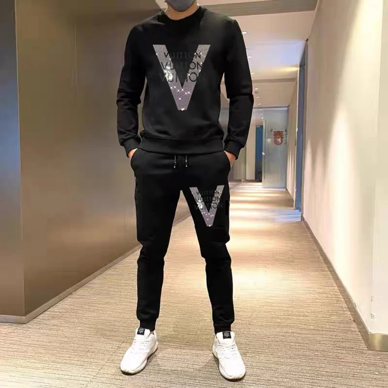 New Style Men\'s Hoodies Fashion Sets Rhinestone Hooded Sweatshirts+Pants Male Winter Sportswear Two Pieces Luxury Tracksuit