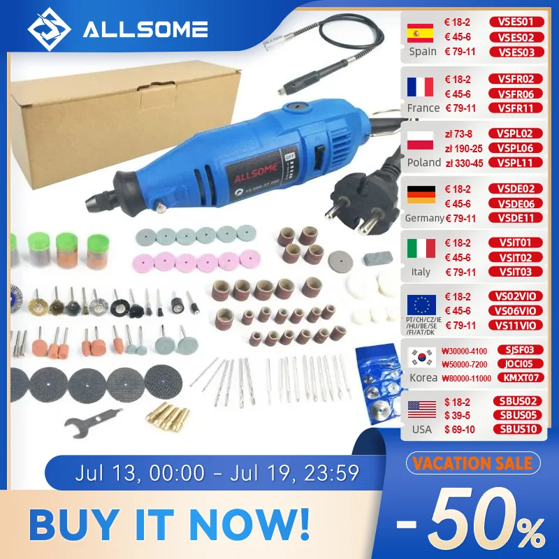 ALLSOM 180W 전동 드레멜 미니 드릴 연마기 가변 속도 회전 공구 (액세서리 148개 포함) HT2831