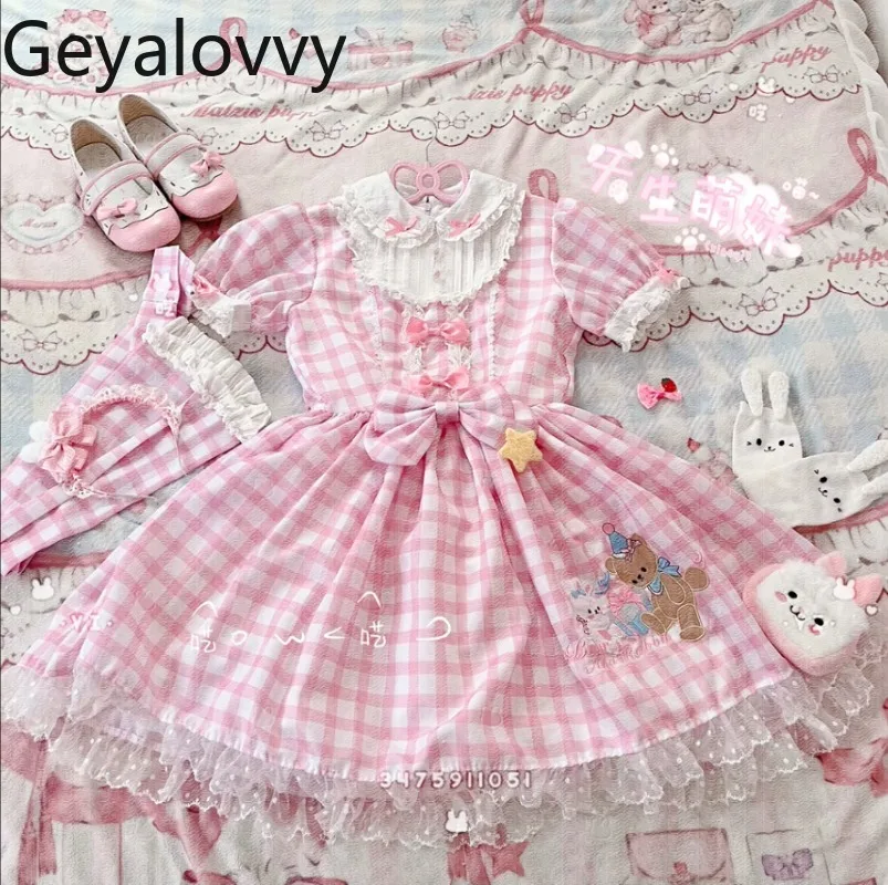 

Japanese Original Lolita Plaid High Waist Short-sleeved Dress Spring Summer New Sweet Cute Foreign Style Daily Bow Dresses