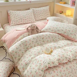 Plant Floral Duvet Cover 3 Piece Set, Cute Cartoon Cat Pattern Bedding Set, Women Kids Girls Bedroom Decorative Pink Quilt Cover