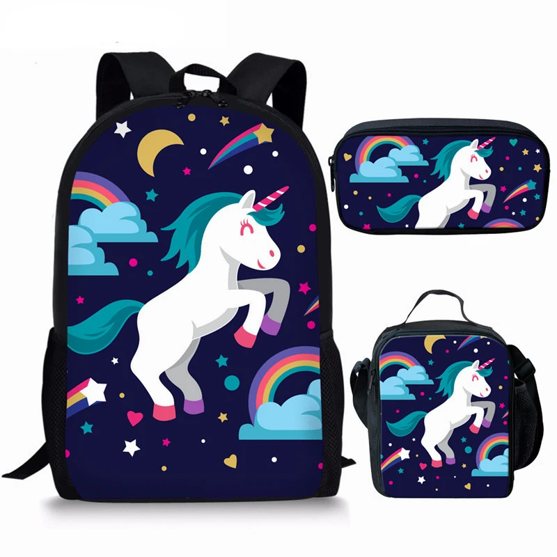 Cartoon Animal Print School Student Book Bag, Funny Unicorn Backpack, Lunch Bag, Lápis Case, Unisex Daypack, 3pcs por conjunto