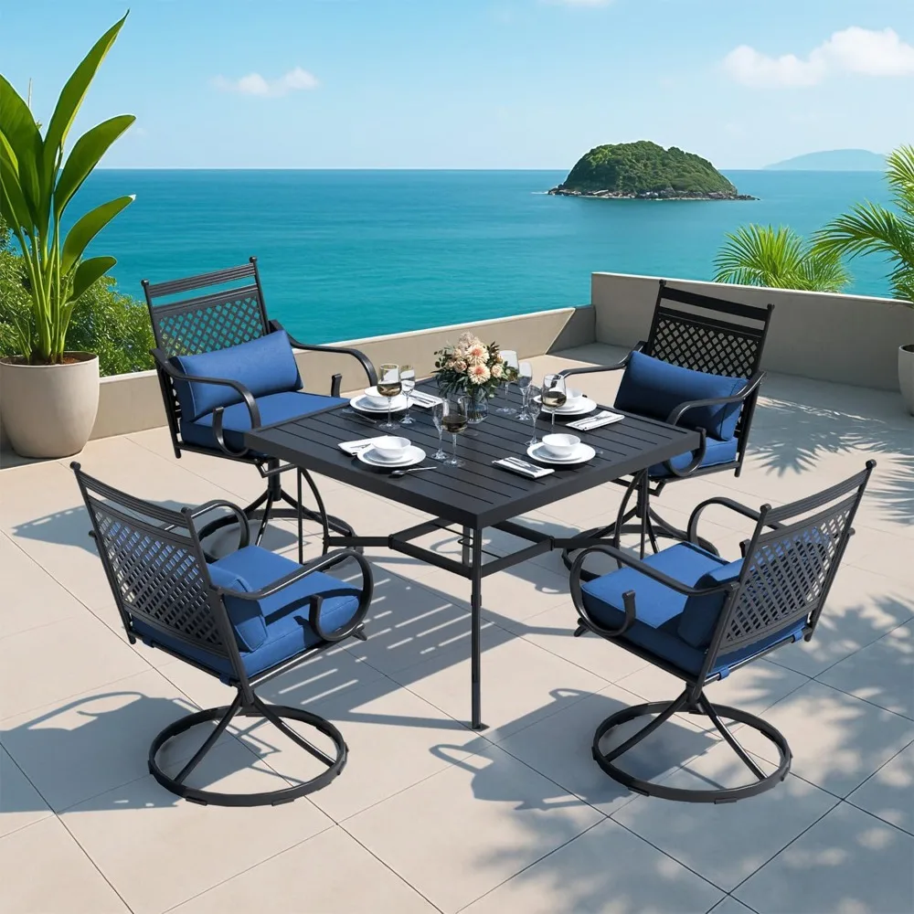 

"Outdoor Dining Set with 4 Swivel Rocker Chairs, Cushions, Pillows, and Square Table for Patio"